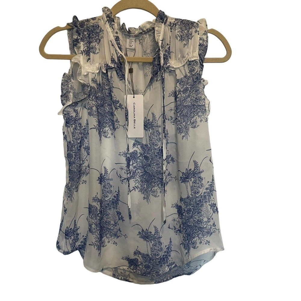 Carolina Belle Montreal Sleeveless V Neck Pullover Blouse, Top with ruffles M